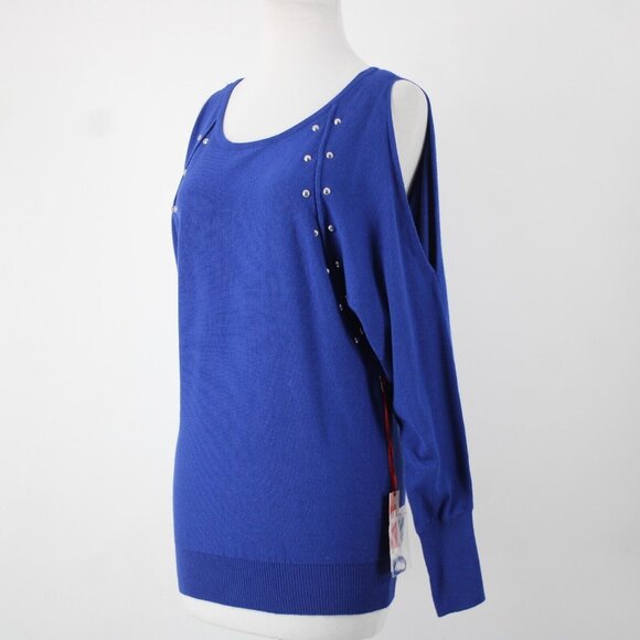 Jennifer Lopez $50 Sz XS Blue Silver Studded Cold Shoulder Viscose Sweater - Picture 14 of 16